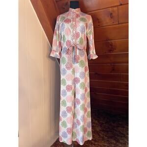 Vintage 70s High Neck Floral Clover Print Poly Knit Wide Leg Jumpsuit by Dalton